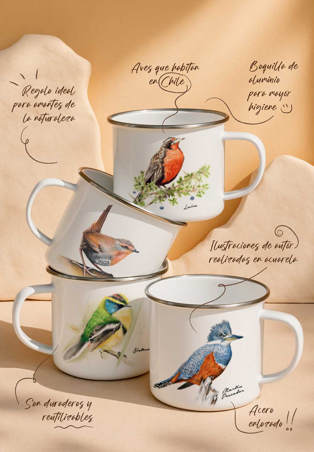 Pack 4 tazones enlozados aves chilenas + ENVÍO GRATIS