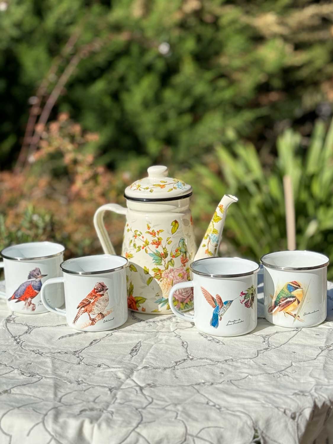 Set de Té Enlozado: Tetera picaflor + 4 Tazones