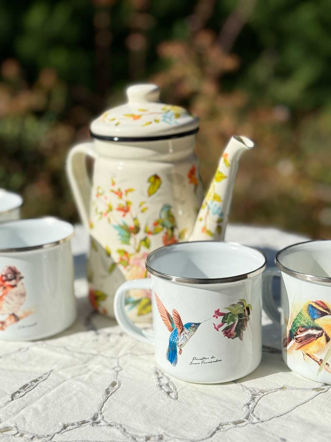Set de Té Enlozado: Tetera picaflor + 4 Tazones